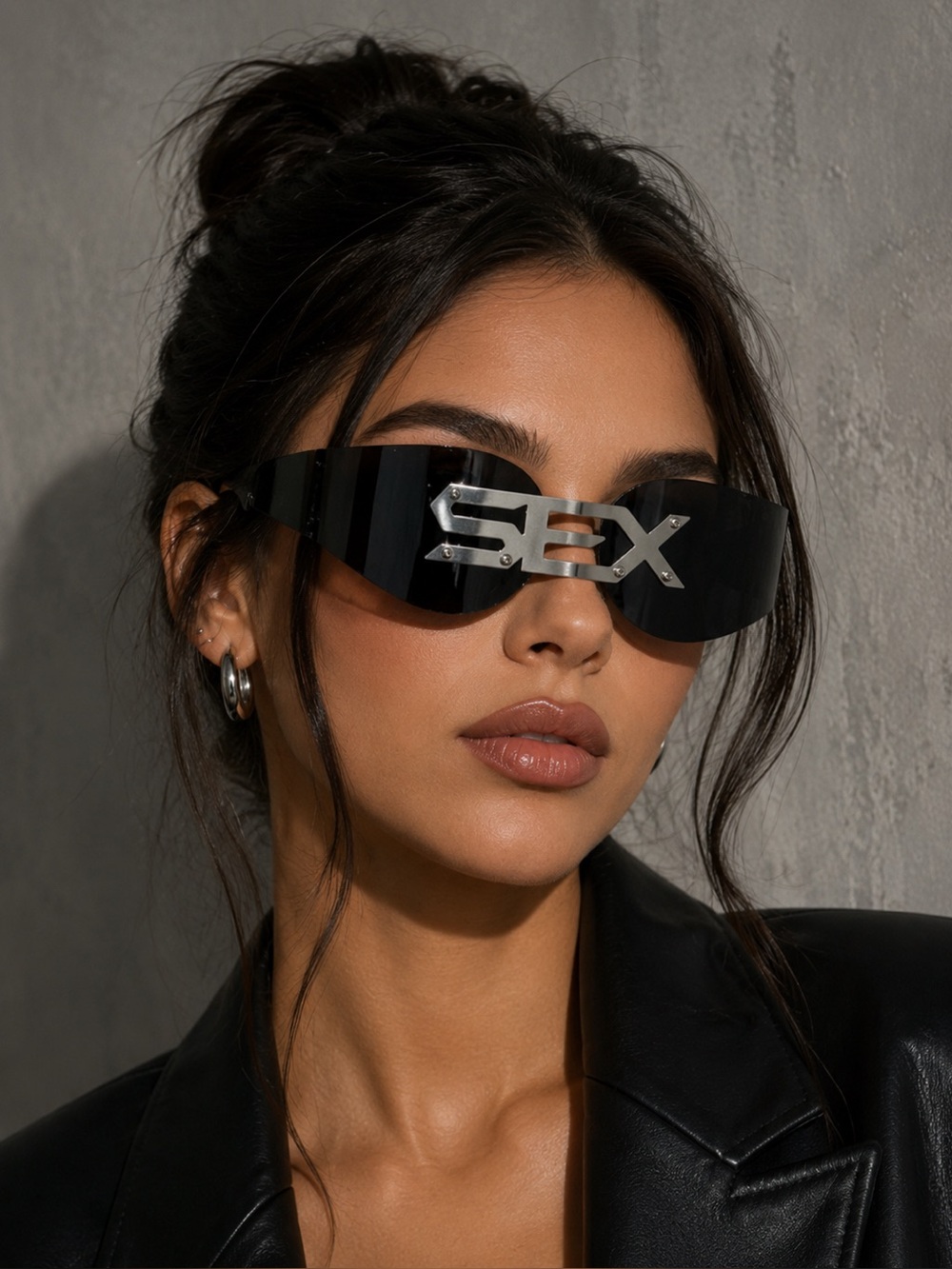Y2K Black Futuristic Shield Sunglasses S.E.X Logo Oversized Visor Shades